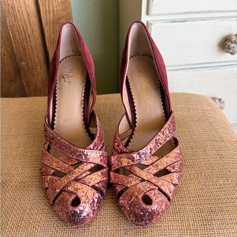 🩷Miss Albright🩷Women's Plum Suede & Rose Gold Glitter Heels - Picture 7 of 9